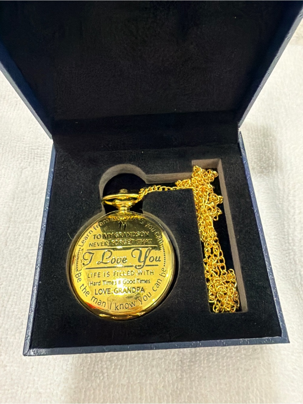 Gold Engraved 'I Love You' Pocket Watch Necklace - Gold Tone